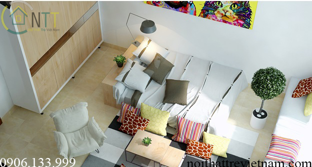 Một góc nhìn từ trên cao của phòng ngủ 20m2